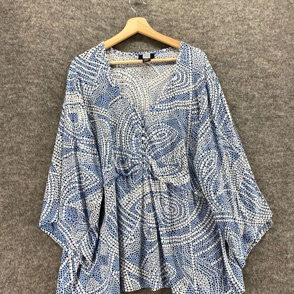 Studio 1940 Blouse Women 30/32W Plus Blue Geometric V-Neck Long Sleeve Button - Picture 3 of 8